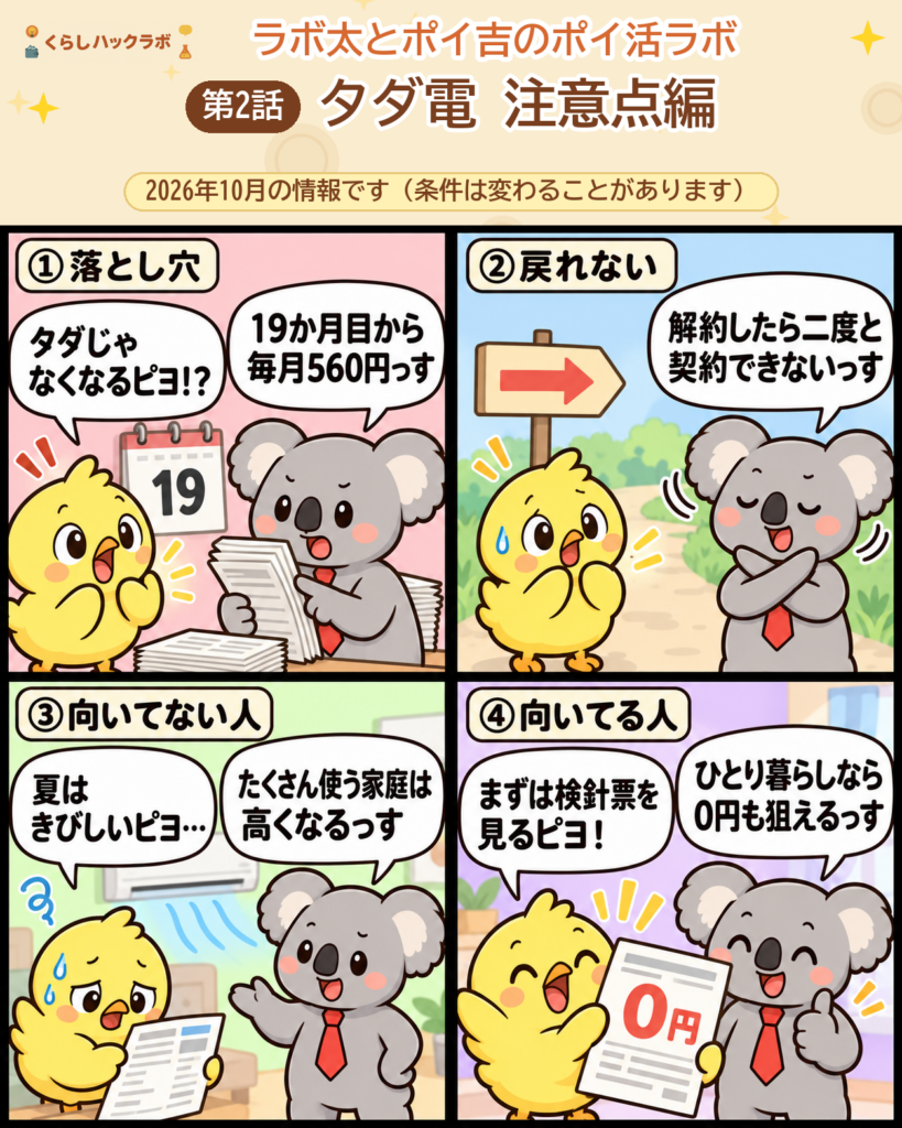 タダ電の4コマ漫画（注意点編）：落とし穴・戻れない・向いてない人・向いてる人