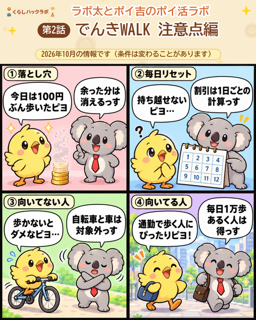 でんきWALKの4コマ漫画（注意点編）：余った割引は消える・毎日リセット・向いてない人・向いてる人