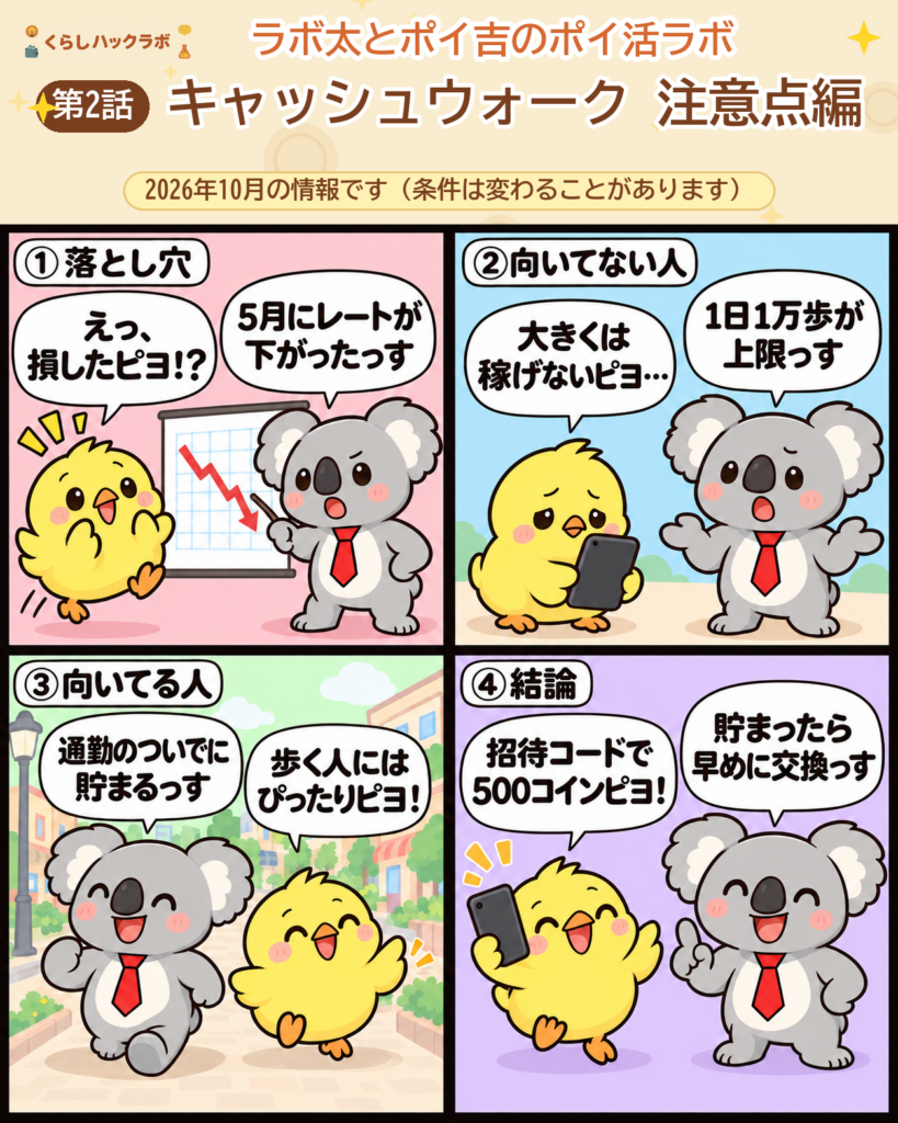 キャッシュウォークの4コマ漫画(注意点編):落とし穴・向いてない人・向いてる人・結論