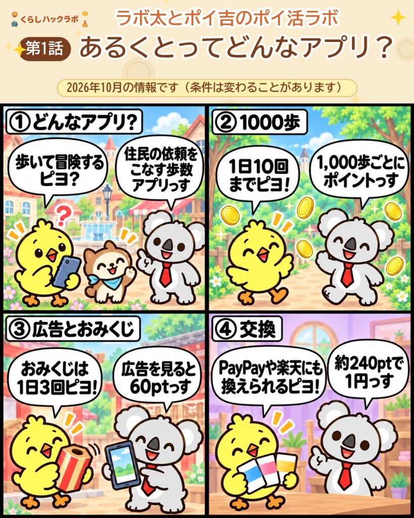 aruku&(あるくと)の4コマ漫画(基本編):どんなアプリ・1000歩・広告とおみくじ・交換
