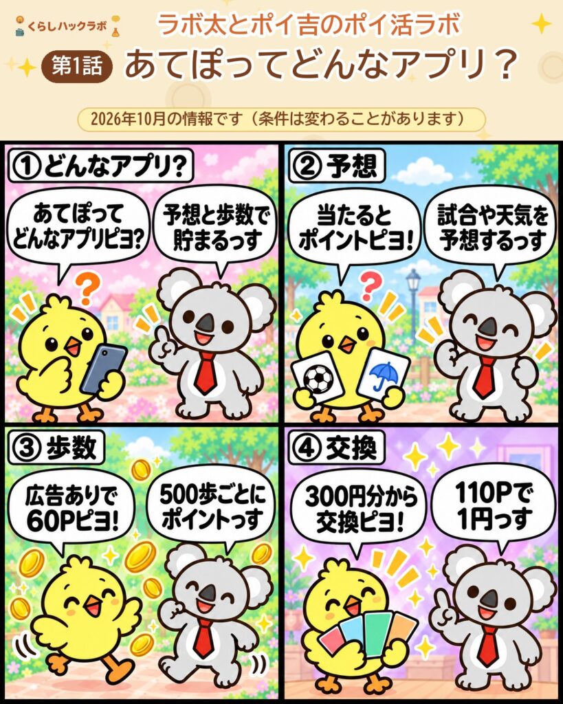 あてぽ（旧ビーンズ）の4コマ漫画（基本編）：どんなアプリ・予想・歩数・交換