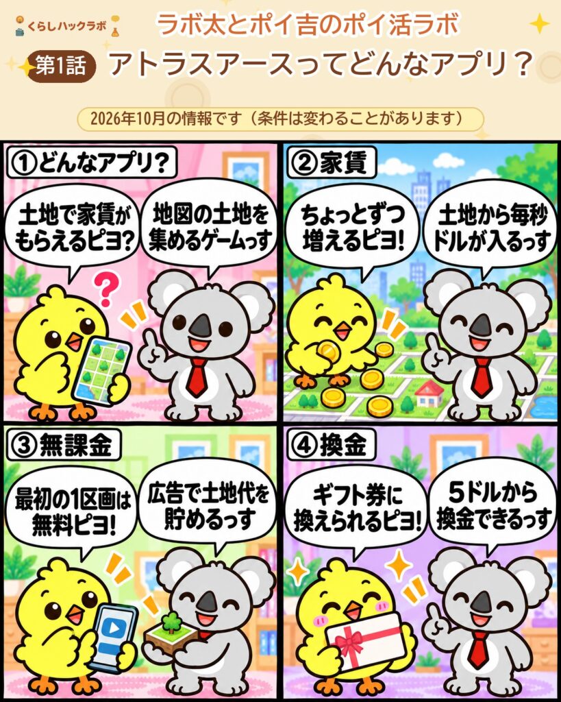 アトラスアースの4コマ漫画(基本編):どんなアプリ・家賃・無課金・換金