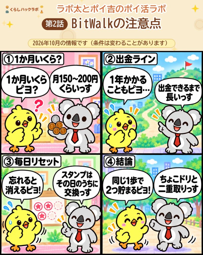BitWalkの4コマ漫画(注意点編):1か月いくら・出金ライン・毎日リセット・結論