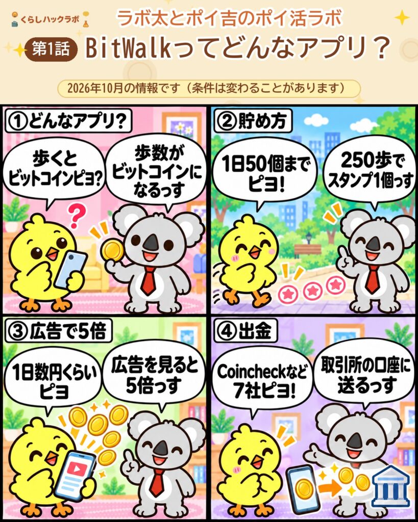 BitWalkの4コマ漫画(基本編):どんなアプリ・貯め方・広告で5倍・出金