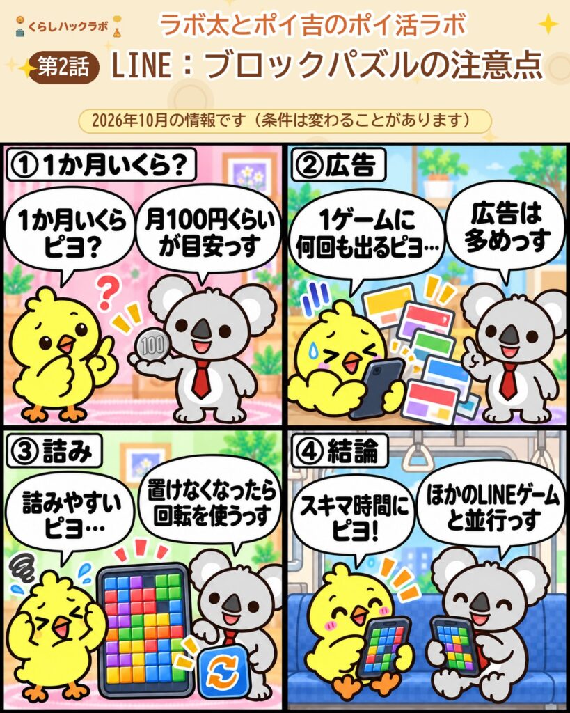 LINE:ブロックパズルの4コマ漫画(注意点編):1か月いくら・広告・詰み・結論