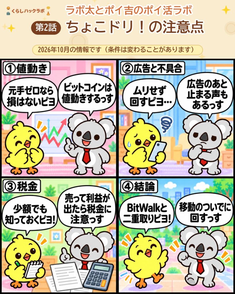 ちょこドリ！の4コマ漫画（注意点編）：値動き・広告と不具合・税金・結論