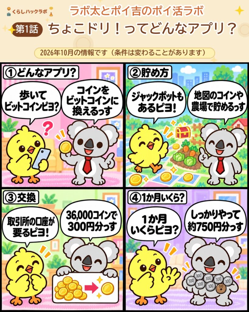 ちょこドリ！の4コマ漫画（基本編）：どんなアプリ・貯め方・交換・1か月いくら