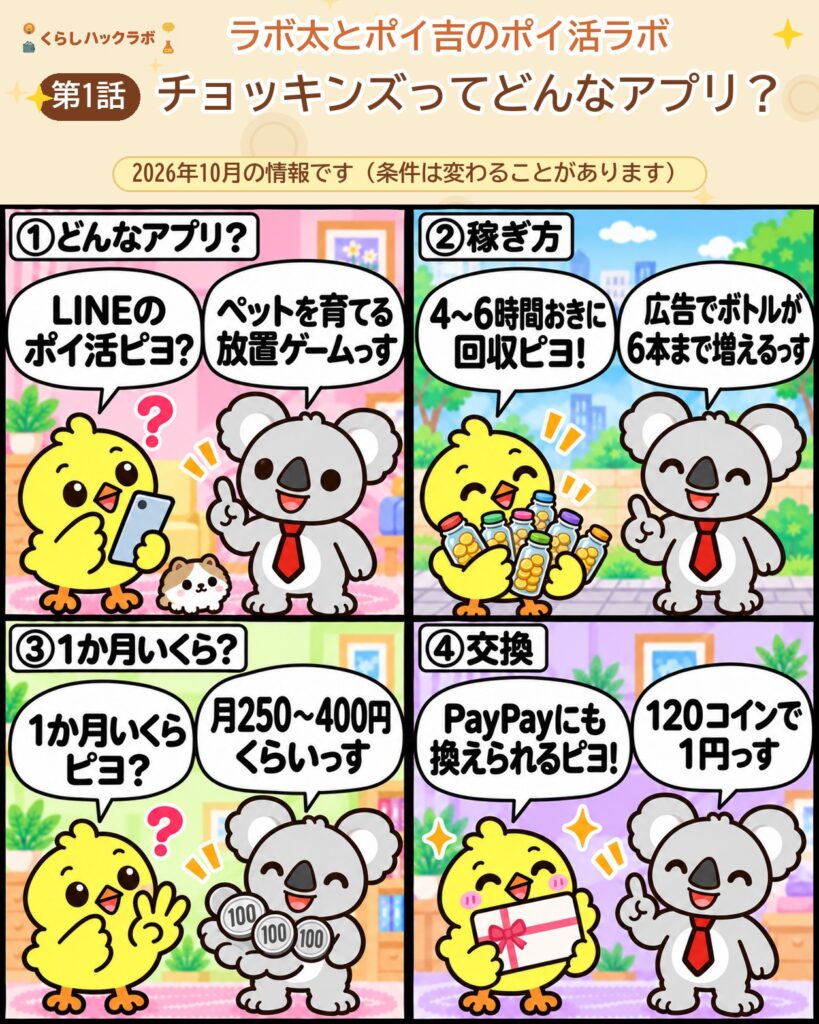 チョッキンズの4コマ漫画（基本編）：どんなアプリ・稼ぎ方・1か月いくら・交換