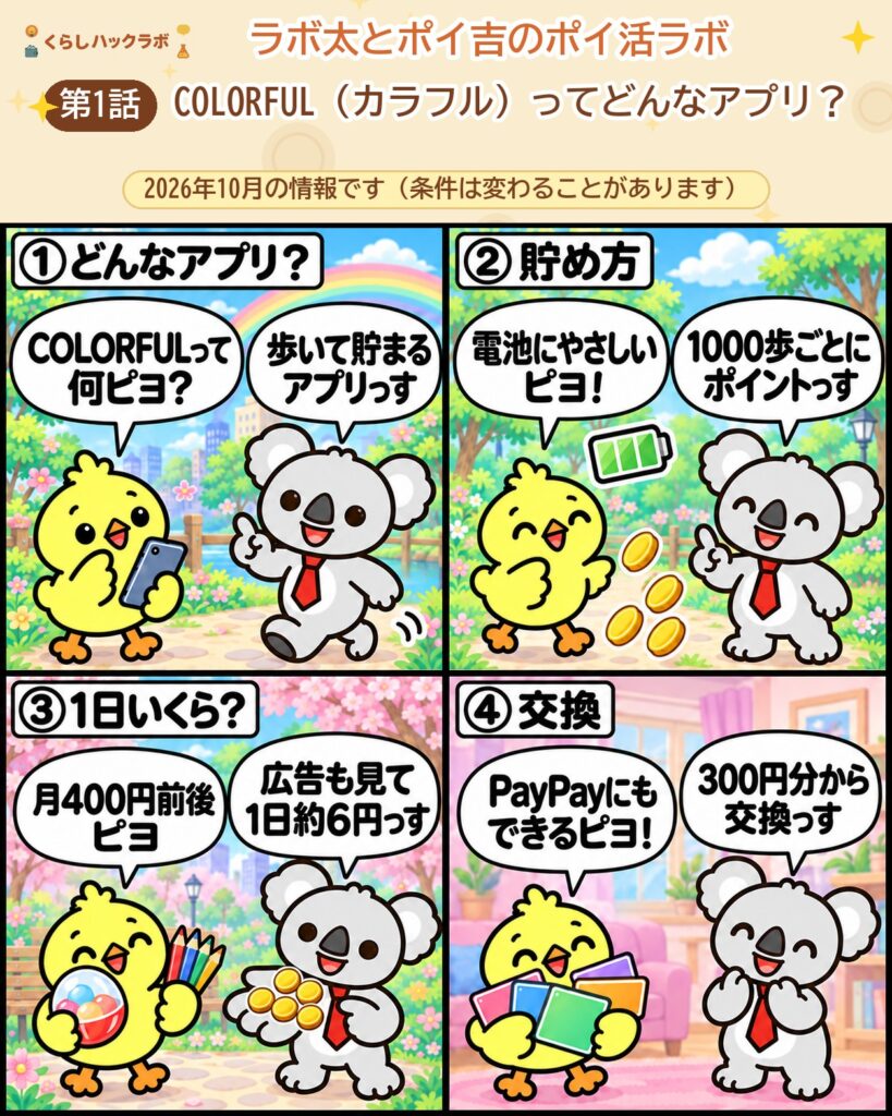 COLORFUL（カラフル）の4コマ漫画（基本編）：どんなアプリ・貯め方・1日いくら・交換