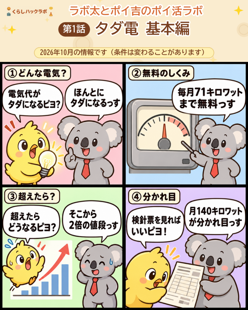 タダ電の4コマ漫画（基本編）：どんな電気・無料のしくみ・超えたら・分かれ目