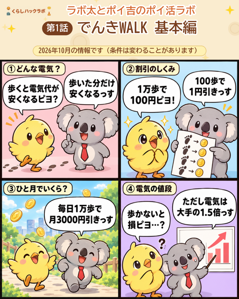 でんきWALKの4コマ漫画（基本編）：どんな電気・割引のしくみ・ひと月でいくら・電気の値段