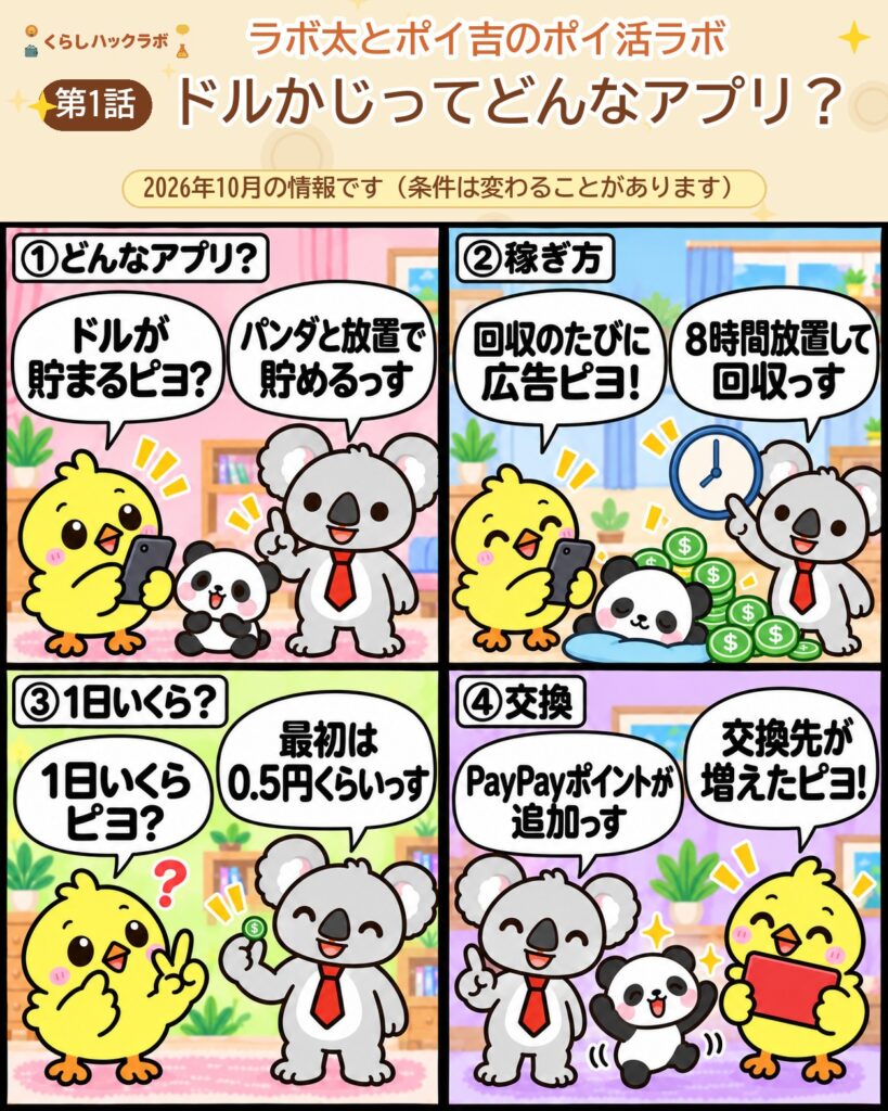 ドルかじの4コマ漫画（基本編）：どんなアプリ・稼ぎ方・1日いくら・交換先