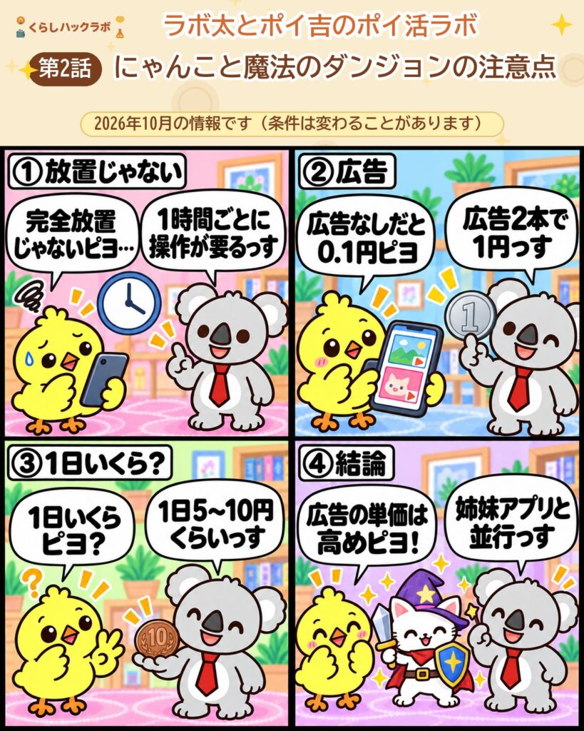 にゃんこと魔法のダンジョンの4コマ漫画(注意点編):放置じゃない・広告・1日いくら・結論