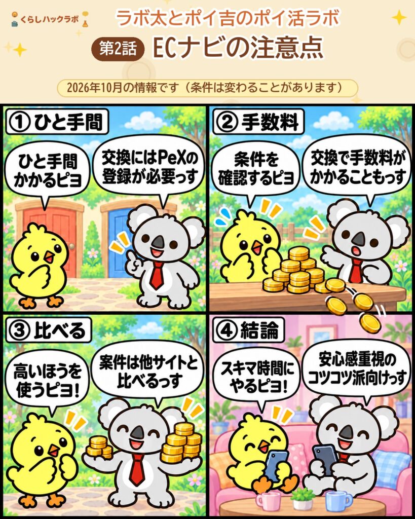 ECナビの4コマ漫画（注意点編）：ひと手間・手数料・比べる・結論