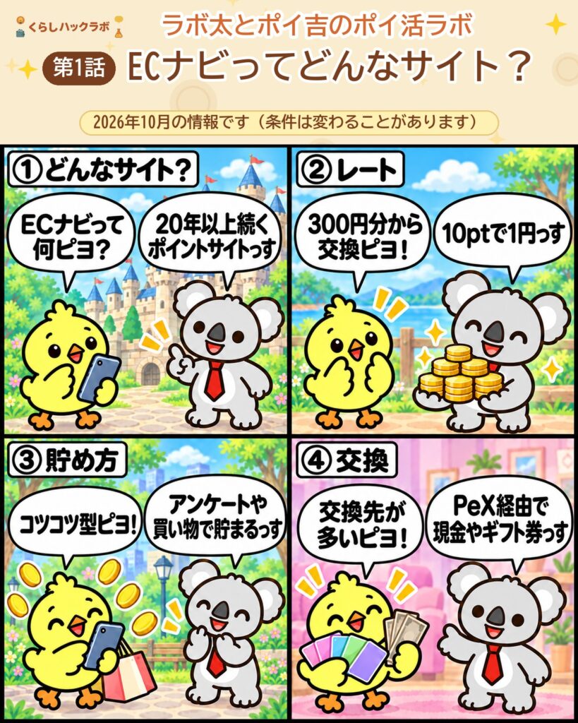 ECナビの4コマ漫画（基本編）：どんなサイト・レート・貯め方・交換