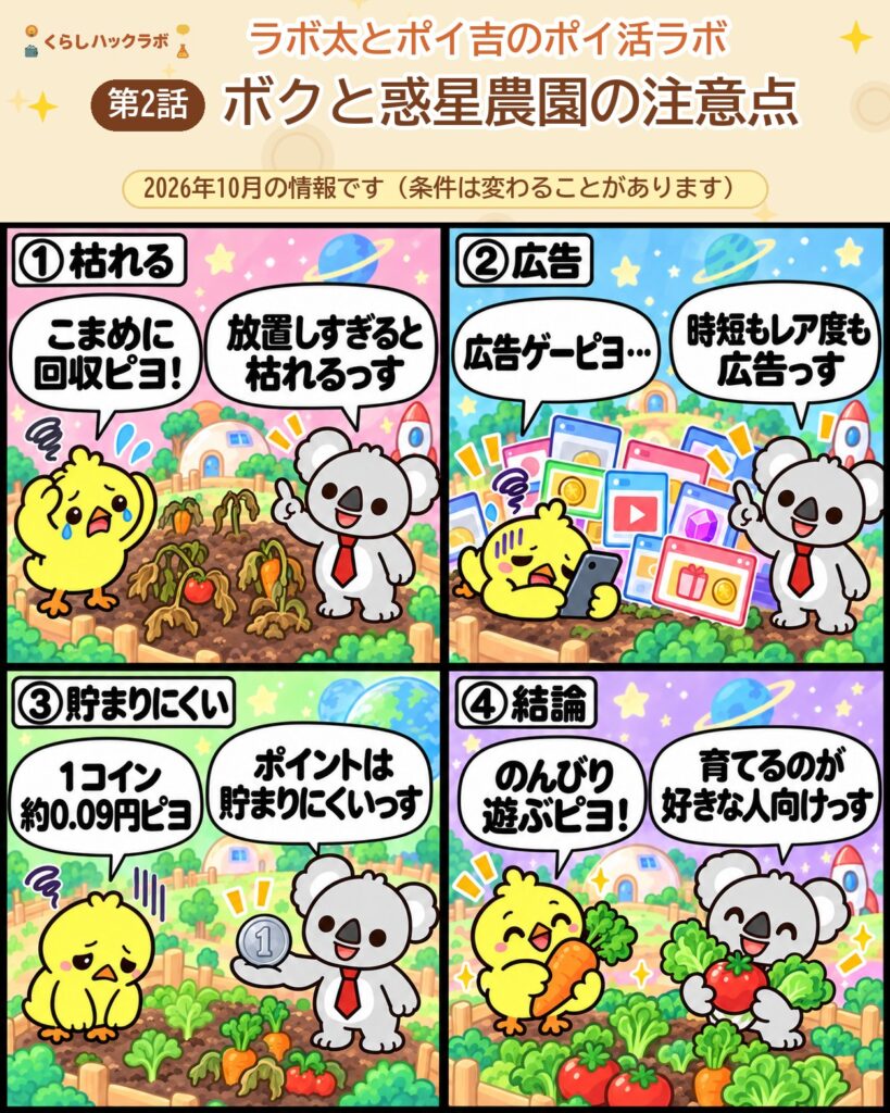 ボクと惑星農園の4コマ漫画(注意点編):枯れる・広告・貯まりにくい・結論