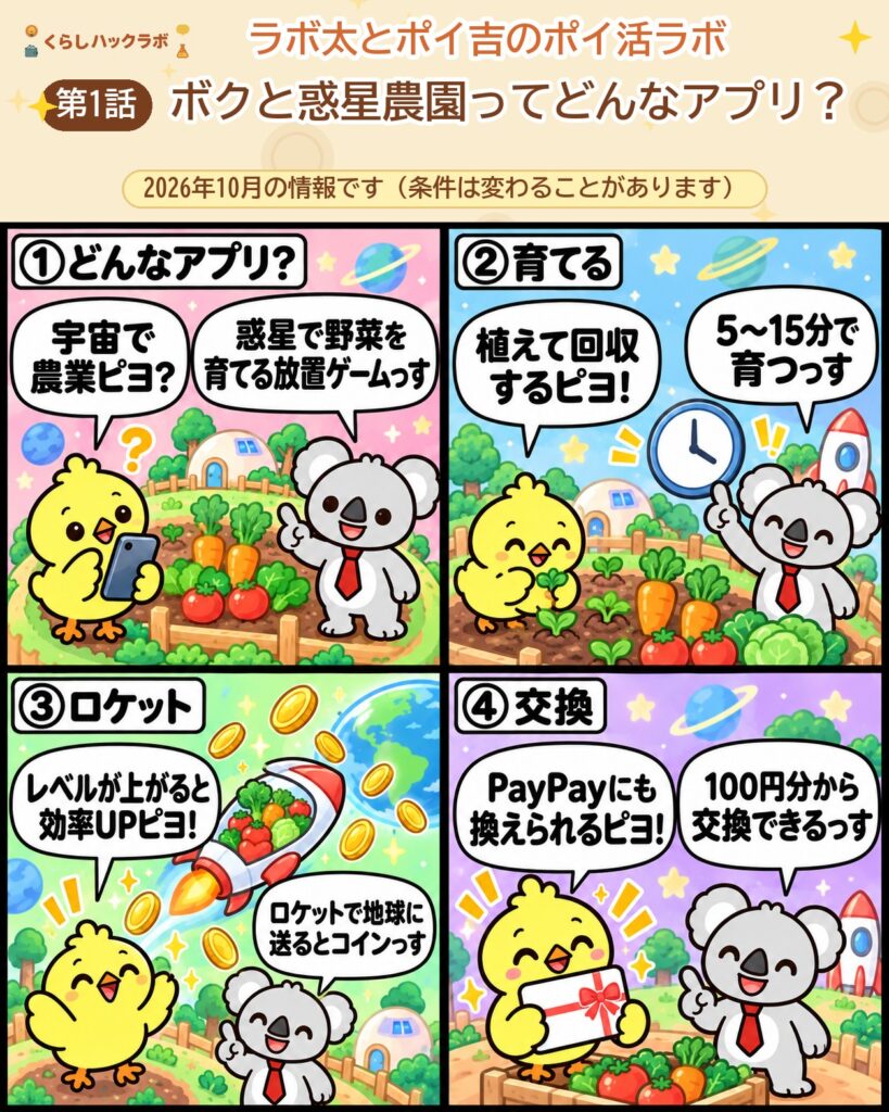 ボクと惑星農園の4コマ漫画(基本編):どんなアプリ・育てる・ロケット・交換