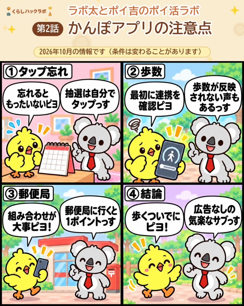 かんぽアプリの4コマ漫画（注意点編）：タップ忘れ・歩数・郵便局・結論