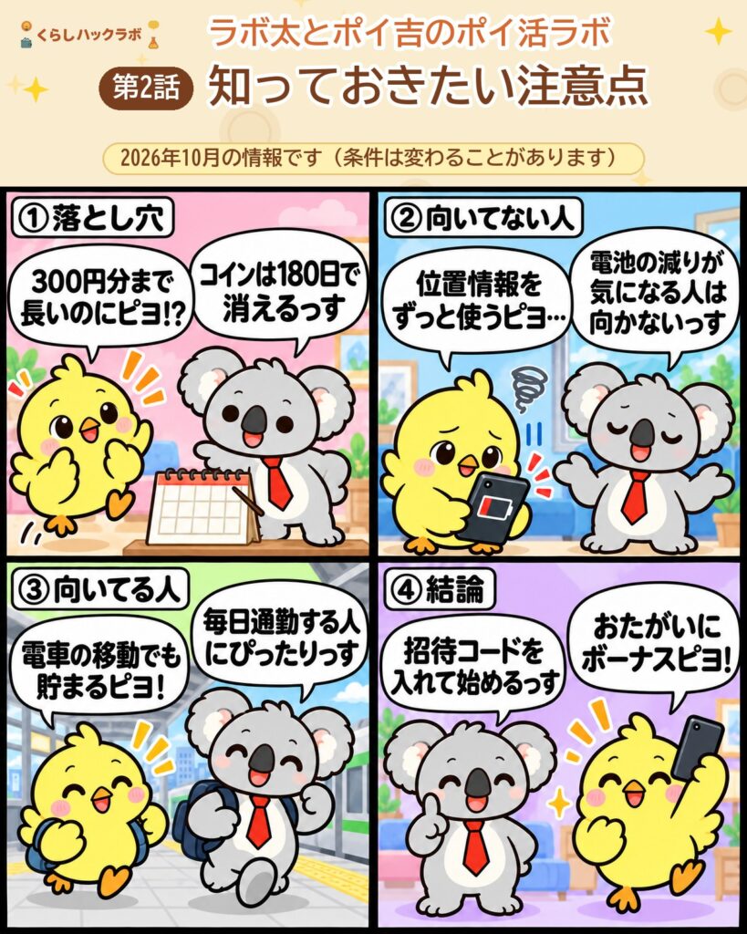 LINE WALKの4コマ漫画（注意点編）：コインは180日で消える・向いてない人・向いてる人・招待コード