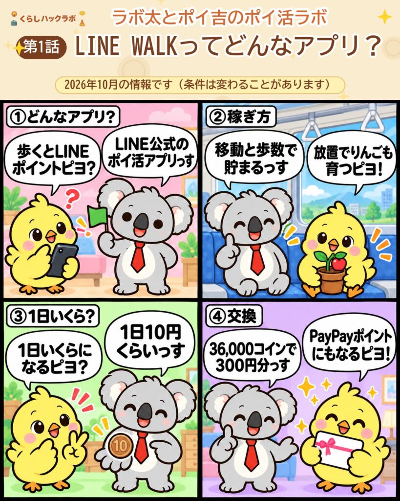 LINE WALK（ラインウォーク）の4コマ漫画（基本編）：どんなアプリ・稼ぎ方・1日いくら・交換レート