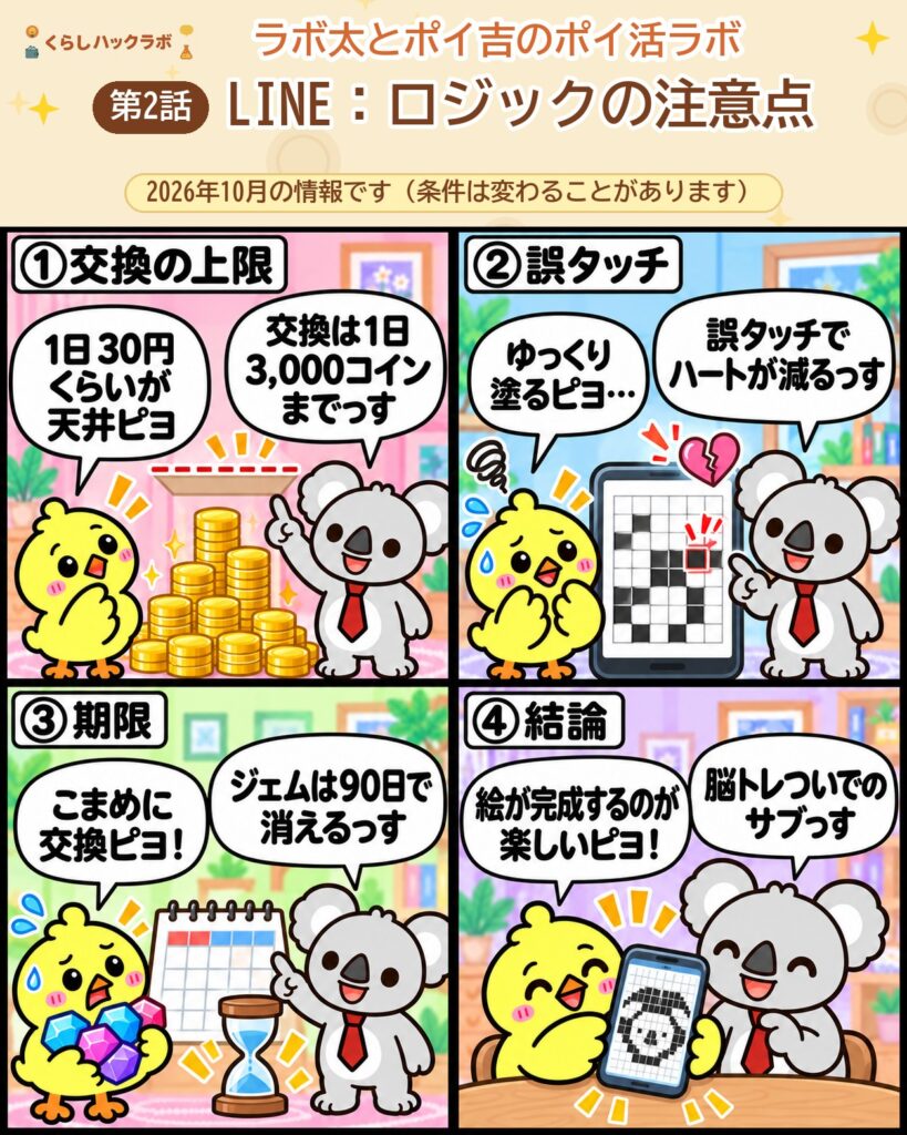 LINE:ロジックの4コマ漫画(注意点編):交換の上限・誤タッチ・期限・結論
