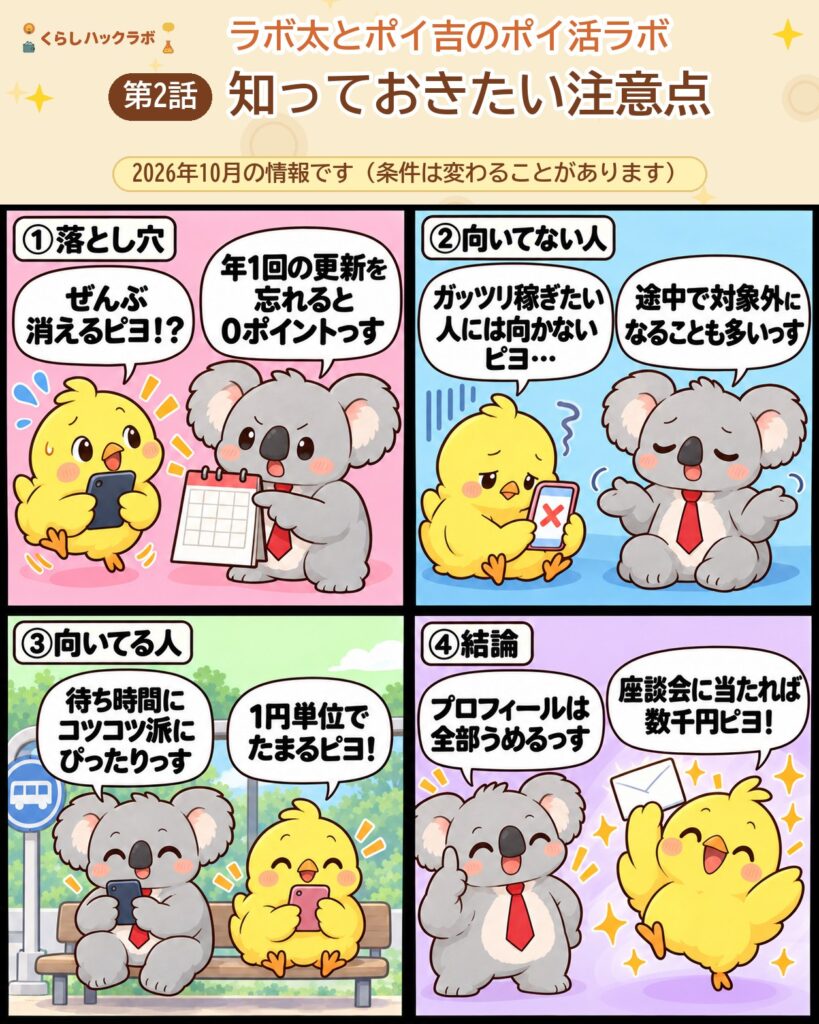 マクロミルの4コマ漫画(注意点編):年1回の更新を忘れると0ポイント・向いてない人・向いてる人・結論