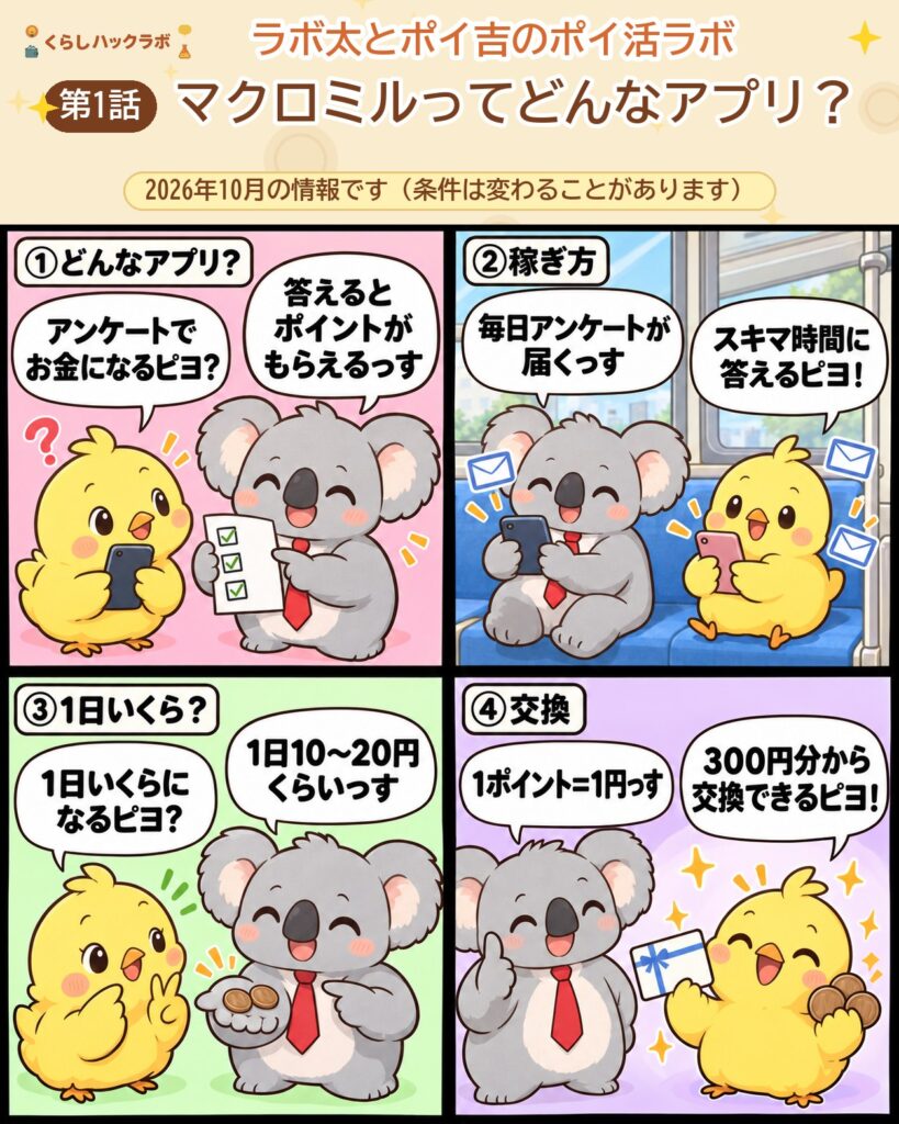 マクロミルの4コマ漫画(基本編):どんなアプリ・稼ぎ方・1日いくら・交換レート