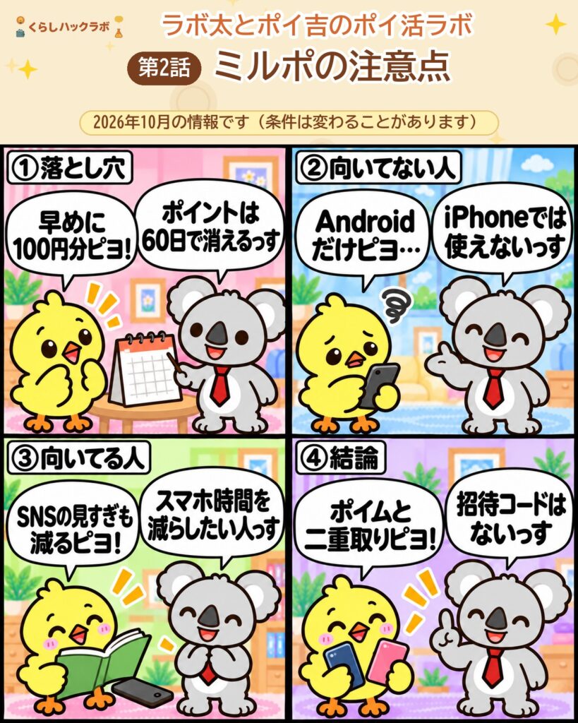 ミルポの4コマ漫画（注意点編）：60日で失効・iPhone非対応・向いてる人・結論