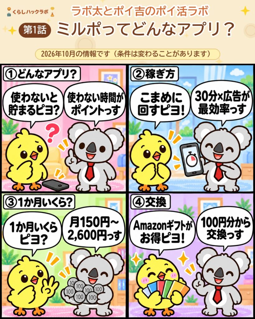 ミルポの4コマ漫画（基本編）：どんなアプリ・稼ぎ方・1か月いくら・交換