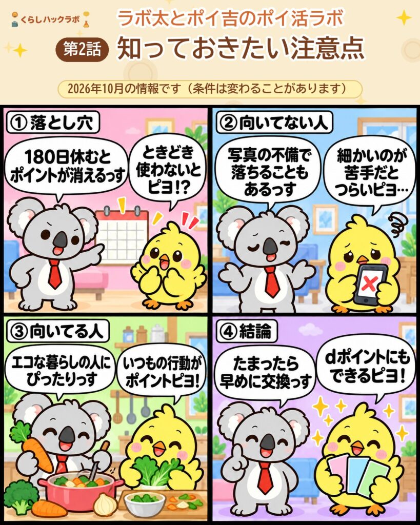 モアクトの4コマ漫画(注意点編):180日休むとポイントが消える・向いてない人・向いてる人・結論