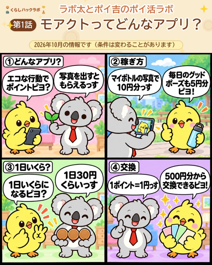 モアクトの4コマ漫画(基本編):どんなアプリ・稼ぎ方・1日いくら・交換レート