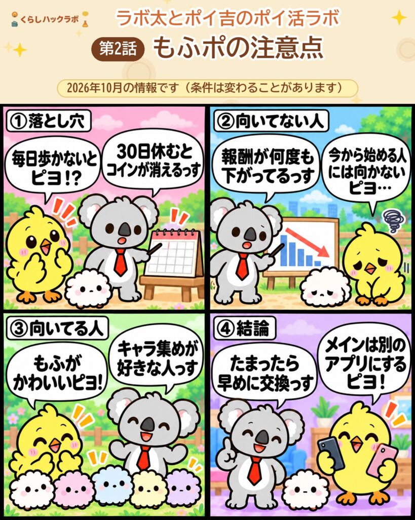 もふポの4コマ漫画（注意点編）：30日でコインが消える・報酬の引き下げ・向いてる人・結論