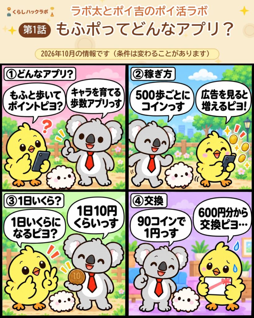 もふポの4コマ漫画（基本編）：どんなアプリ・稼ぎ方・1日いくら・交換レート