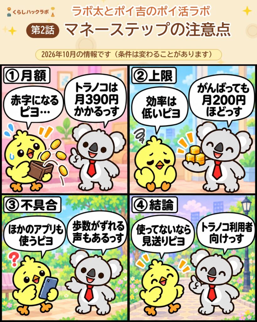 マネーステップの4コマ漫画(注意点編):月額・上限・不具合・結論