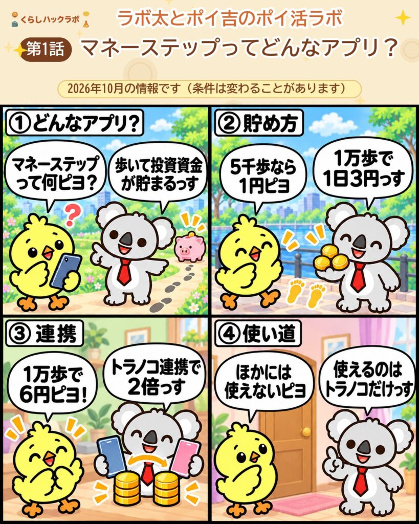 マネーステップの4コマ漫画(基本編):どんなアプリ・貯め方・連携・使い道