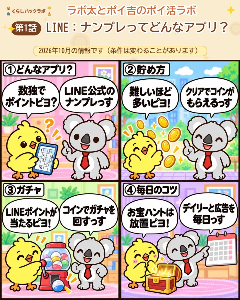 LINE：ナンプレの4コマ漫画（基本編）：どんなアプリ・貯め方・ガチャ・毎日のコツ
