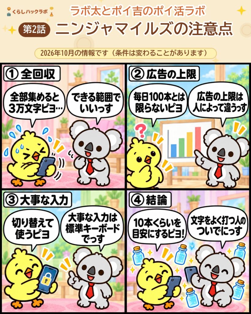 ニンジャマイルズの4コマ漫画(注意点編):全回収・広告の上限・大事な入力・結論