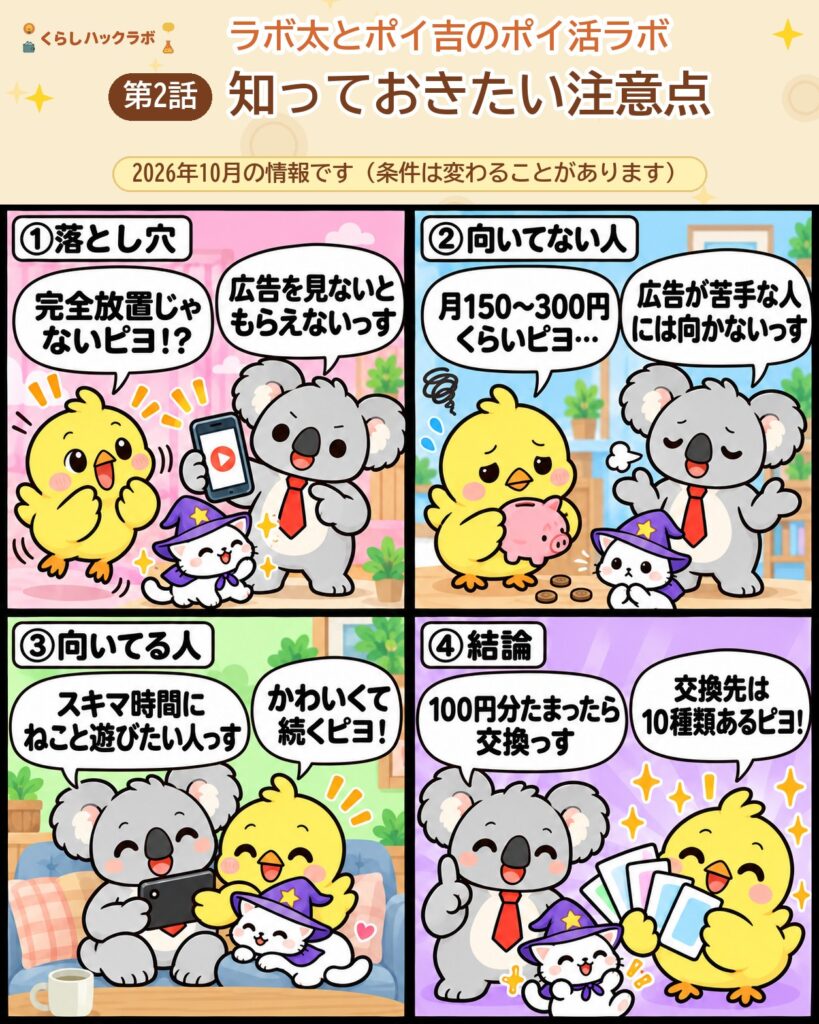 にゃんまじの4コマ漫画（注意点編）：広告を見ないともらえない・向いてない人・向いてる人・結論