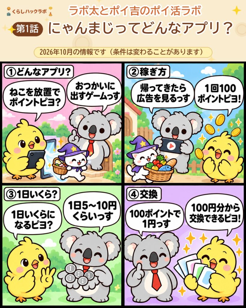 にゃんまじ（ポイ活にゃんこと魔法のおつかい）の4コマ漫画（基本編）：どんなアプリ・稼ぎ方・1日いくら・交換レート