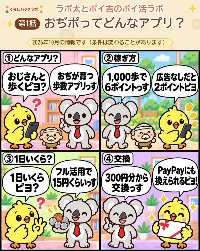 おぢポの4コマ漫画（基本編）：どんなアプリ・稼ぎ方・1日いくら・交換