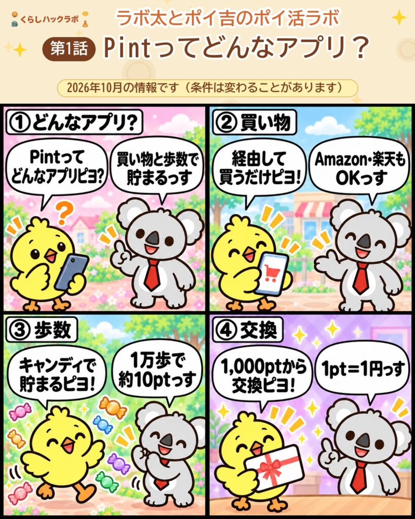 Pintの4コマ漫画（基本編）：どんなアプリ・買い物・歩数・交換