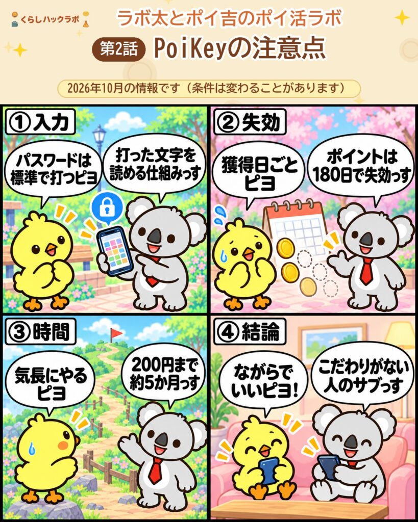 PoiKeyの4コマ漫画(注意点編):入力・失効・時間・結論