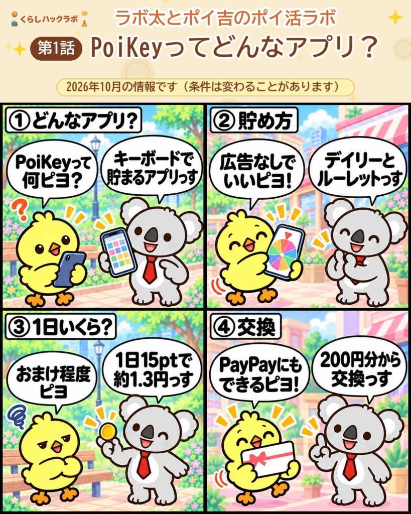 PoiKeyの4コマ漫画(基本編):どんなアプリ・貯め方・1日いくら・交換