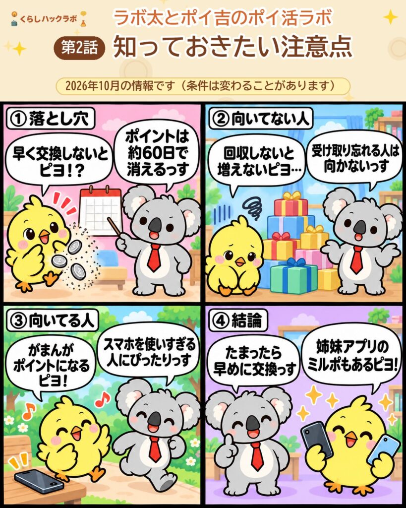 ポイムの4コマ漫画(注意点編):ポイントは約60日で消える・向いてない人・向いてる人・結論
