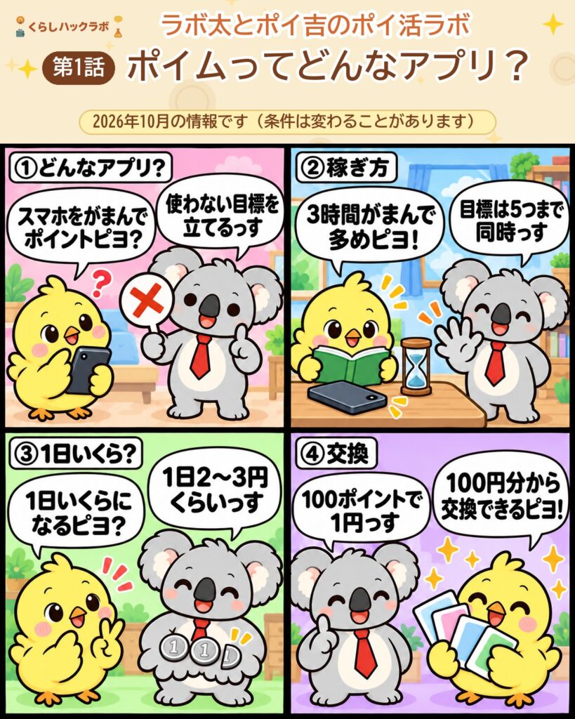 ポイムの4コマ漫画(基本編):どんなアプリ・稼ぎ方・1日いくら・交換レート