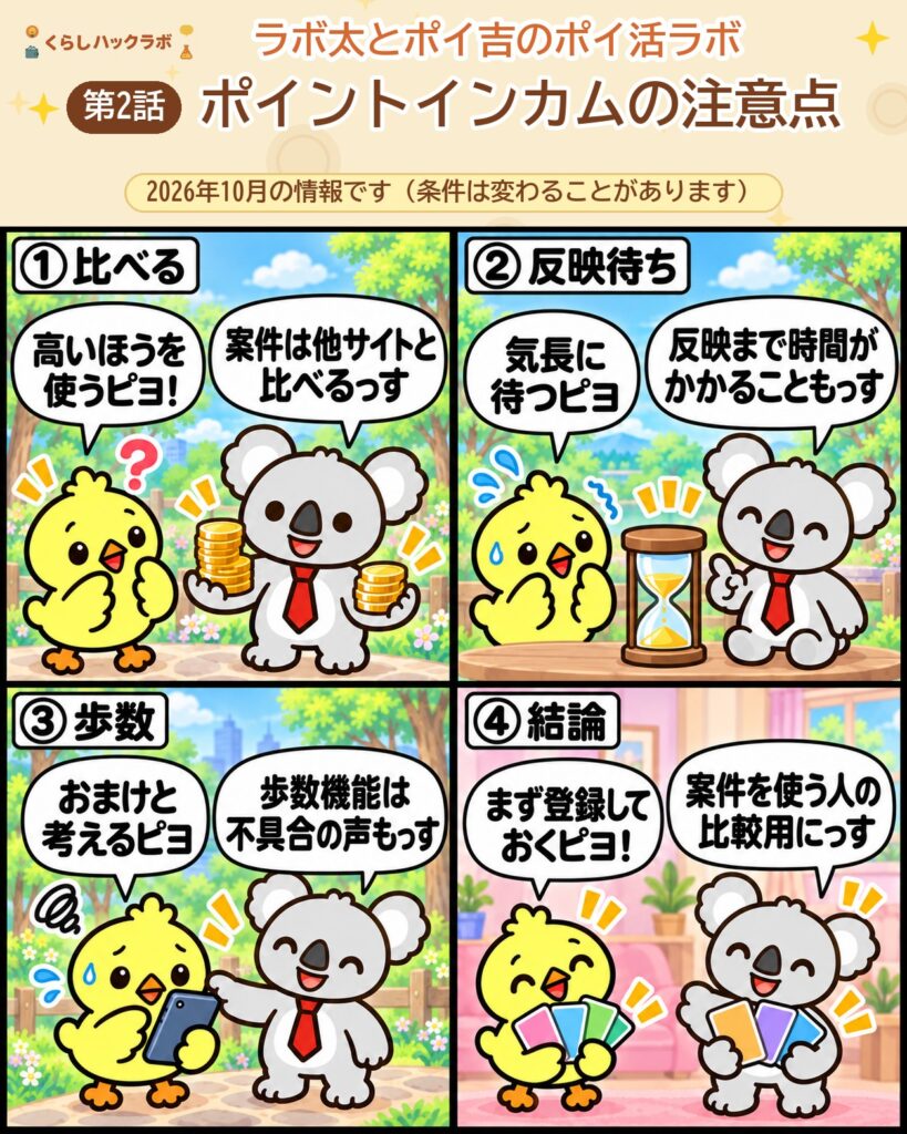 ポイントインカムの4コマ漫画（注意点編）：比べる・反映待ち・歩数・結論