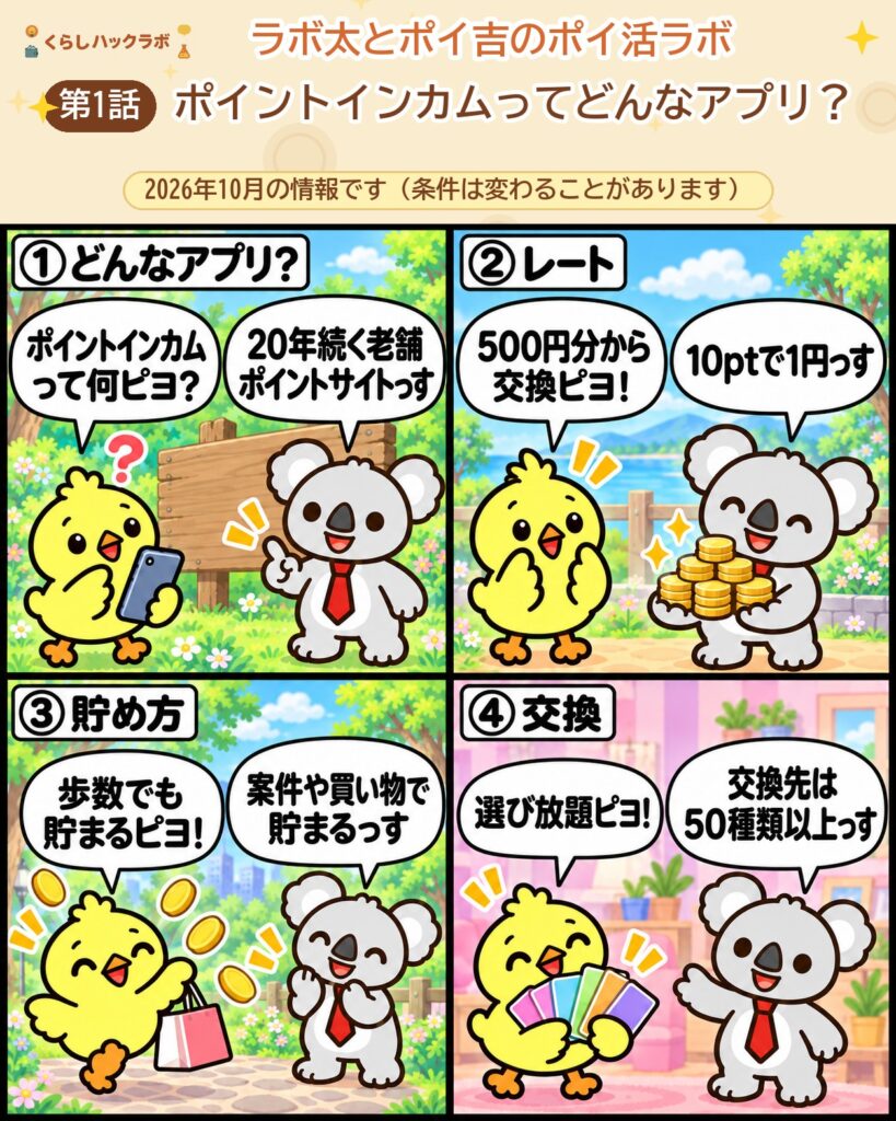 ポイントインカムの4コマ漫画（基本編）：どんなアプリ・レート・貯め方・交換