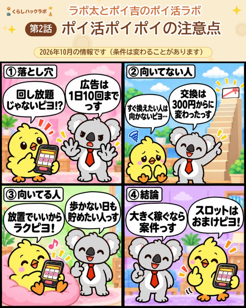 ポイ活ポイポイの4コマ漫画（注意点編）：広告は1日10回まで・交換は300円から・向いてる人・結論