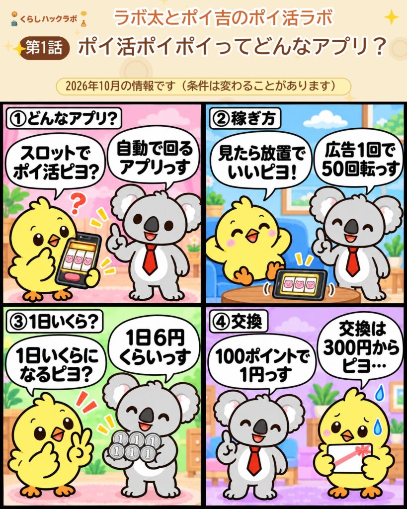 ポイ活ポイポイの4コマ漫画（基本編）：どんなアプリ・稼ぎ方・1日いくら・交換レート