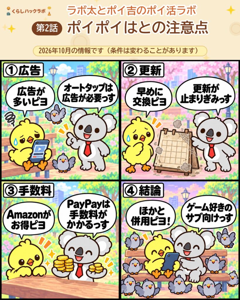 ポイポイはとの4コマ漫画(注意点編):広告・更新・手数料・結論